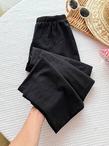 SHEIN Tween Girls' Casual Comfortable Mid-Rise Straight Leg Pants, Versatile Fall Winter - Black - View 2