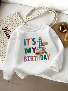 1 件男婴休闲英文口号和生日图案圆领运动衫，舒适轻便，适合秋冬季，适合派对、户外野餐、街头摄影、校园、节日、礼物 - 白色 - 查看 4