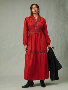 SHEIN VCAY Plus Size Red Autumn Boho Satin Party Dress For Women Elegant Lace Christmas Wedding Guest Winter Chic Business Casual Curve Fairycore Old Money - Rust Brown - View 3