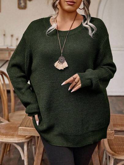 EMERY ROSE Plus Size Casual Solid Color Drop Shoulder Loose Knit Sweater, Autumn/Winter