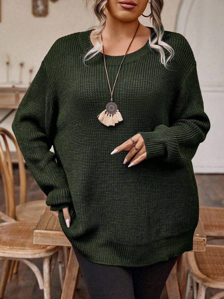 EMERY ROSE Plusstorlek Casual Enfärgad Nedsänkt Axelringad Lös Stickad Tröja, Höst/Vinter - Mörk Grön - Visa 1