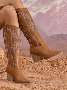 Daringsoles 女式休闲粗跟刺绣西部牛仔靴，尖头侧拉链及膝靴，棕色，秋冬 - 棕色 - 查看 5