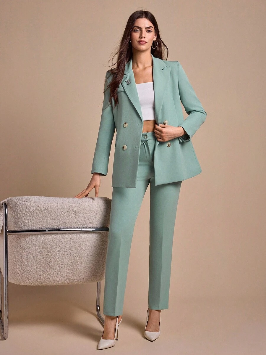 CLARA VERO Women Solid Color Suit Sets Blazer Jacket And Pants Rhinestone And Button Front Detailed - Mint Green - View 1