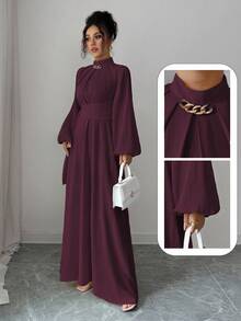 Elenzga Váy midi thanh lịch thường ngày dành cho nữ, phong cách lãng mạn kiểu Sicily của Pháp, màu vàng nhạt trơn, cổ đứng, tay áo xếp ly, dây buộc eo, cạp chun sau, trang trí giả kim loại, thích hợp khi đi làm, đi nghỉ, tiệc trà chiều, tiệc tùng - Màu Tím - Xem 1