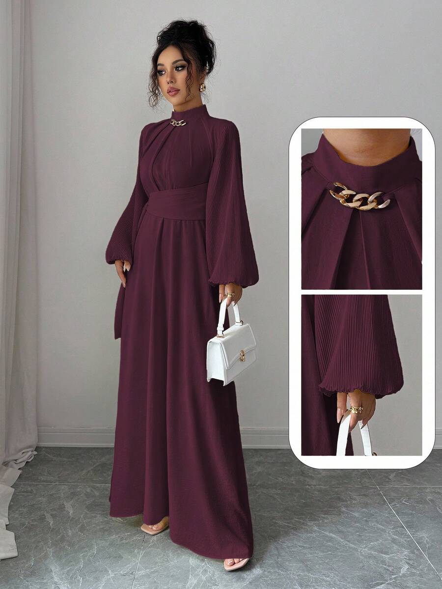 Elenzga Váy midi thanh lịch thường ngày dành cho nữ, phong cách lãng mạn kiểu Sicily của Pháp, màu vàng nhạt trơn, cổ đứng, tay áo xếp ly, dây buộc eo, cạp chun sau, trang trí giả kim loại, thích hợp khi đi làm, đi nghỉ, tiệc trà chiều, tiệc tùng - Màu Tím - Xem 1