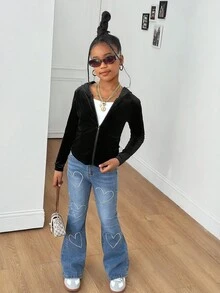 SHEIN Veste à capuche en velours slim, zippée devant, à manches longues, de couleur unie, simple et décontractée, pour filles pré-adolescentes en automne/hiver