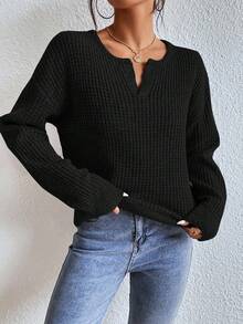 SHEIN Frenchy 女士缺口领落肩领毛衣秋冬装 - 黑色 - 查看 3