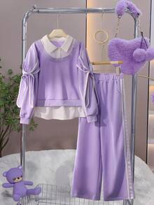 Sparklyn Girls Purple Round Neck Ribbed Cuff & Hem Design White Woven Fabric 2 In 1 Bowknot Collar Elastic Waist Wide Leg Pants 2 Pieces Set, Autumn/Winter Fall - Purple - View 1