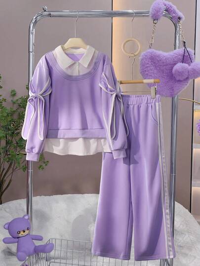 Sparklyn Girls Purple Round Neck Ribbed Cuff & Hem Design White Woven Fabric 2 In 1 Bowknot Collar Elastic Waist Wide Leg Pants 2 Pieces Set, Autumn/Winter Fall