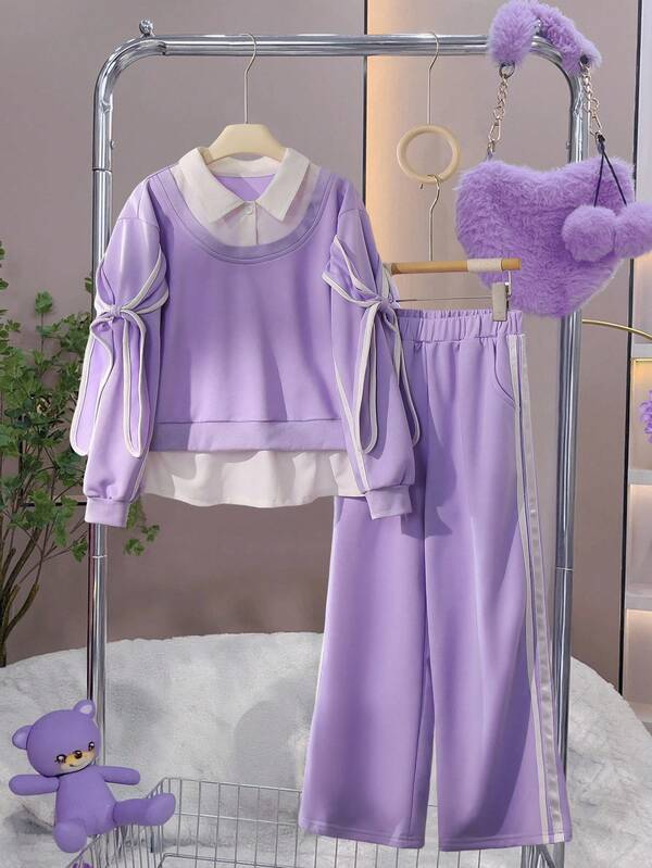 Sparklyn Girls Purple Round Neck Ribbed Cuff & Hem Design White Woven Fabric 2 In 1 Bowknot Collar Elastic Waist Wide Leg Pants 2 Pieces Set, Autumn/Winter Fall