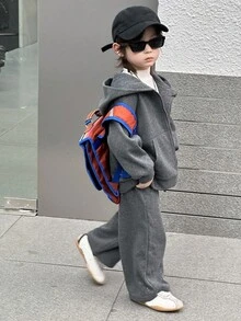 DAZY 秋季男童纯色长袖拉链连帽衫和裤子休闲套装 - 灰色 - 查看 7