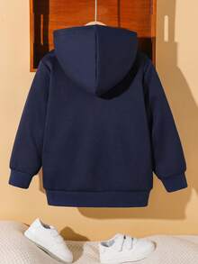 SHEIN 男童厚羊毛连帽夹克，卡其色，连帽拉链运动衫，休闲上衣，适合春、夏、秋、冬、返校、花园、海滩、生日 - 藍白色 - 查看 2