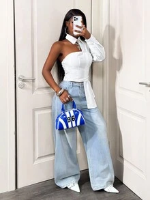 SHEIN BamGlam 时尚通勤纯色不对称设计衬衫 - 白色 - 查看 7