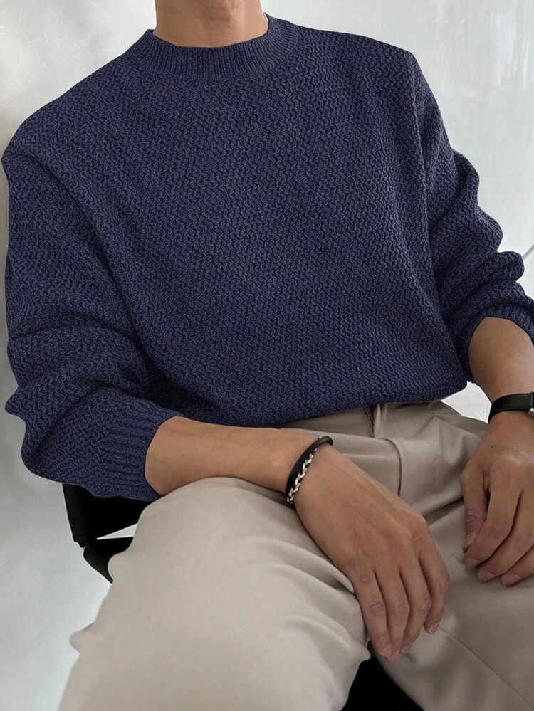 Solid Navy Blue Round Neck Sweater For Men, Autumn/Winter