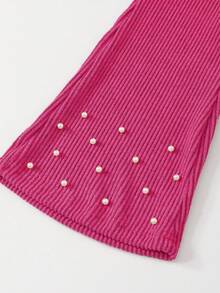 Girls' 2pcs Casual Shirt Set,Pink Pearl Bow Design Beaded Knit Ribbed Top With Flared Pants,First Birthday Autumn Outfit For Teens,Back To School - Hot Pink - View 9