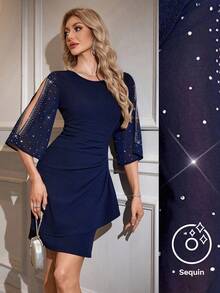 Gownix Women's Rhinestone Design Round Neck Split Sleeve Pleated Fitted Elegant Mini Dress   Sparkly Sequin Dress For Women  Prom Dress  Party Dress  Fall Clothes For Women   New Year Dress