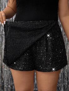 Gownix Traje de moda de chaqueta de manga larga de doble botonadura con lentejuelas y falda asimétrica de unicolor moteado para mujer de talla grande