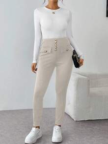 EMERY ROSE Women's Casual Solid Color Slim Fit Pants - Light Grey - View 4
