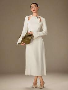 NOVVYNE Vestido longo feminino elegante e detalhado com amarração, primavera/outono