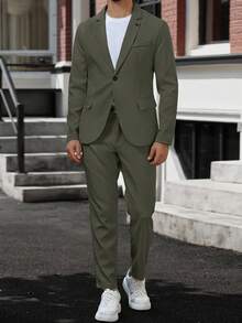 Manfinity Mode Men's Lapel Neck Long Sleeve Blazer And Pants Business Travel Suit Set Men Suits Green Green Blazer Men Olive Green Suit Men Classy Suit,A Great Gift For A Boyfriend Or Husband. - Army Green - View 8