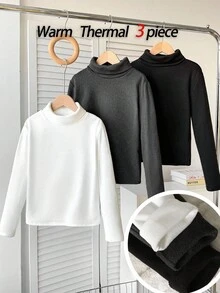 SHEIN Bộ 3 áo thun dài tay cổ cao giữ nhiệt có gân cho bé gái tuổi teen, màu đen/trắng/xám, thích hợp mặc mùa thu/đông. - Nhiều màu - Xem 3