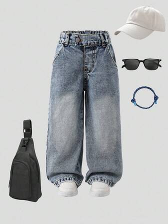 1pc Girls Casual Loose Fit Light Blue Jeans, Comfortable Cotton Denim, Suitable For Daily Wear, School, Commute, Gatherings, Autumn/Winter New Arrival Fall