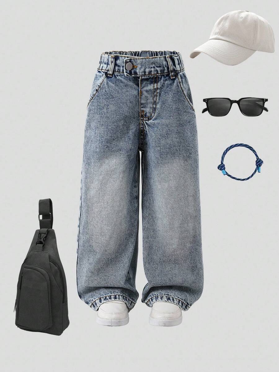 1 pieza Jeans azul claro de ajuste holgado y casual para niñas, de cómodo algodón denim, adecuado para uso diario, escuela, transporte, reuniones, nueva llegada de otoño/invierno - Lavado ligero - Ver 1