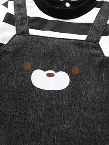 SHEIN 男宝宝秋季黑色牛仔效果连体衣，可爱小熊图案拼接条纹两件套，秋冬季日常出行必备