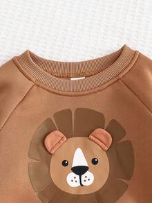 Cozy Pixies 2pcs Baby Boy Lion Pattern 3D Ear Round Neck Long Sleeve Hoodie And Jogger Pants Set Fall Winter - Khaki - View 4