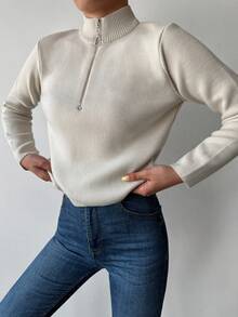 Half Zip Ribbed Knit Sweater - White - View 5