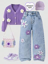 Young Girl Y2k Vintage Deep Blue Washed 3d Purple Snow Flower Jeans With Fringe Hem, School, Campus, College Summer Holiday Girls' Bell-Bottom Jeans, Fashionable Children's Pants, Vintage Washed Slim Fit Denim Trousers For Girls, All Season Flare Leg Jeans Outfit Ripped JeansYoung Girl Fashion Snow Flower Washed Floral Embroidered Wide Leg Jeans Flower Jeans Daisy Jeans Embroidered Jeans Kawaii Jeans