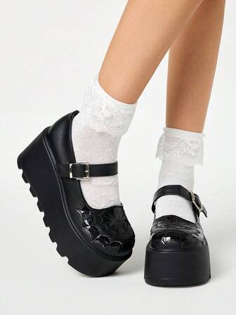 Grunge Punk Damen Loafer mit rundem Zehenbereich, Spinnennetz-Stickerei, Patchwork-Design, Outdoor-Mode, Punk-Plateau & dicke Sohle