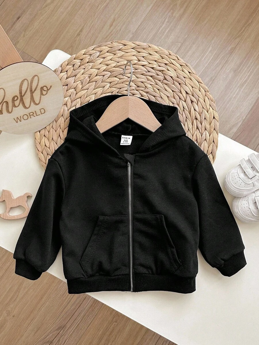 SHEIN 秋冬百搭休闲连帽拉链夹克,适合年轻女孩 - 黑色 - 查看 1