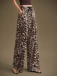 Ontre 2025 Autumn/Winter New Casual Fashion, Coffee Brown, Fashionable Leopard Print, Soft & Comfortable Velvet Fabric, Slim Straight Leg, Women's Elastic Wide-Leg Pants, Business Casual, Commuter, Daily Wear, Autumn/Winter, Y2K - Multicolor - View 3