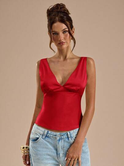 SHEIN BAE Yellow Satin & Lace Patchwork Tank Top, Suitable For Vacation, Beach, Music Festival, Brunch, Wedding Guest, Bridesmaid, Spring/Summer,Christmas,Red Top