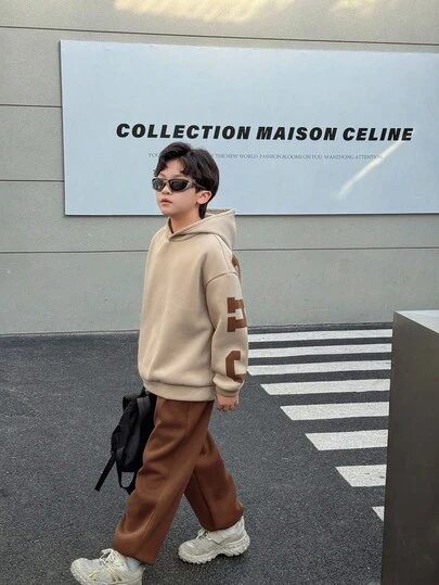 SHEIN Bộ quần áo hoodie in chữ phong cách Hàn Quốc rộng rãi, thoải mái cho bé trai tuổi teen và quần cạp chun, phù hợp cho mùa thu/xuân, vui chơi ngoài trời, đi học, phong cách đường phố, tiệc tùng và giải trí