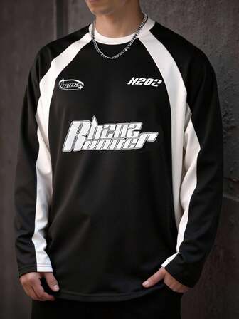 Manfinity Roghcode Sudadera con capucha de manga larga de cuello redondo con estampado de letras y color contrastante para hombres de talla grande