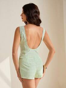 SHEIN Tall 女士圆领宽肩带休闲夏季上衣和短裤格子两件套 - 綠色 - 查看 1