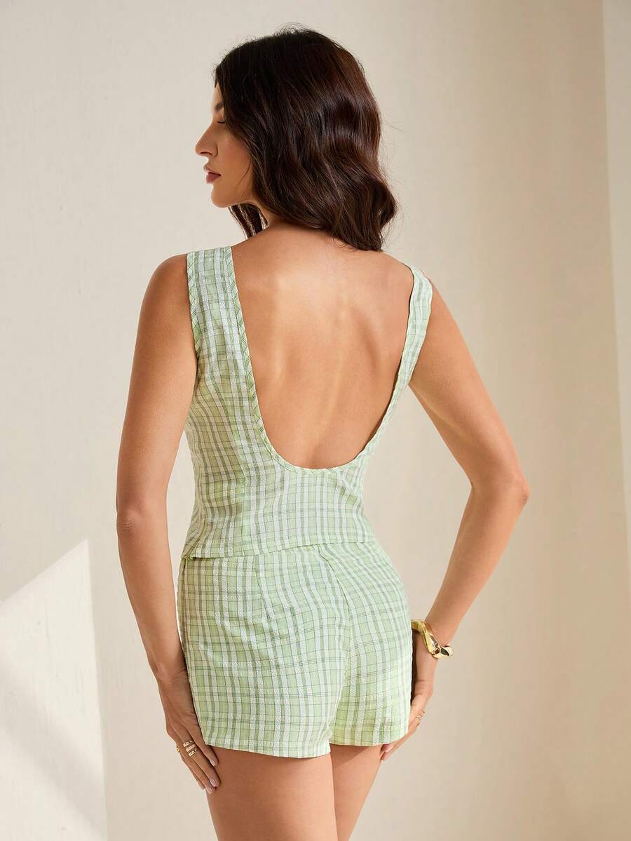 SHEIN Tall 女士圆领宽肩带休闲夏季上衣和短裤格子两件套 - 綠色 - 查看 1