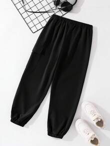 SHEIN Little Byeori Tween 男童休闲运动图案印花口袋宽松抽绳工装裤，适合通勤、上学、日常休闲、旅行、运动、春夏秋冬 - 黑色 - 查看 2