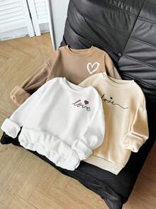 SHEIN 3件套少女休闲宽松圆领套头卫衣，爱心和标语印花，卡其色、白色、棕色，秋冬女童服装 - 彩色 - 查看 2