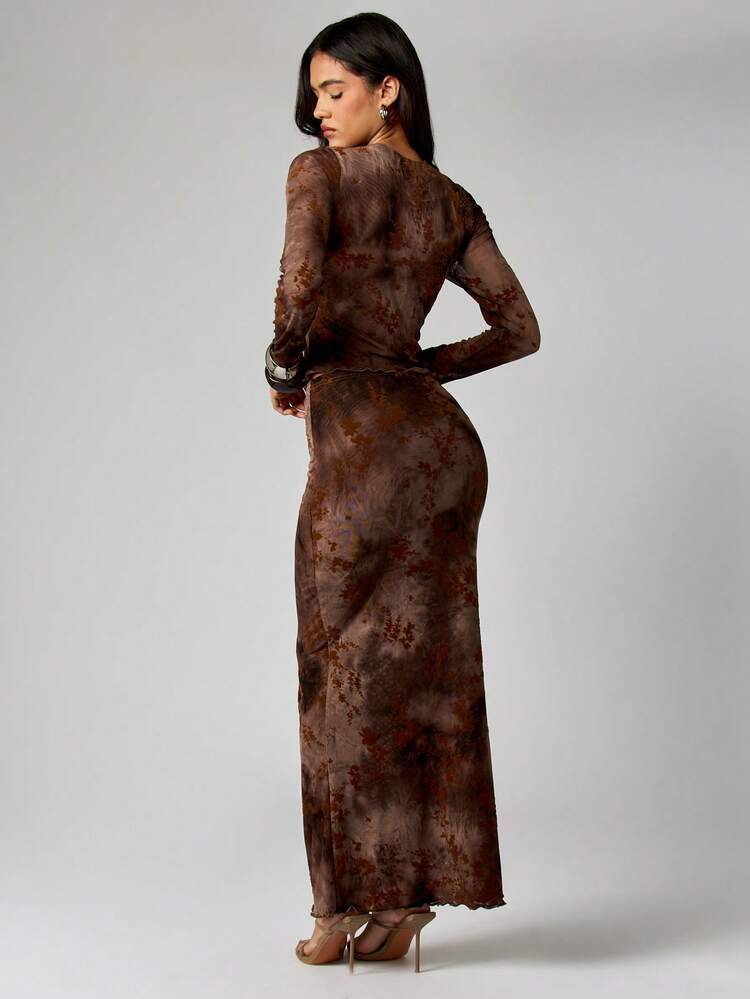 MISSGUIDED Floral Brown Tie Dye Mesh Long Sleeve Crop Top High Rise Maxi Skirt Two Piece Lounge Festival Fall Coordinate Set