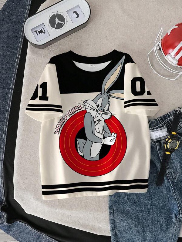LOONEY TUNES X SHEIN Camiseta de manga corta con bloqueo de color y estampado de dibujos animados para niño pequeño