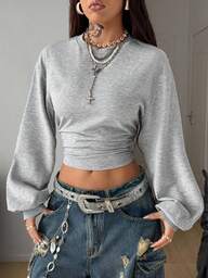 Coolane Damen Herbst/Winter Rückkehr zur Schule Grundfarbe Plissee asymmetrischer Ausschnitt Langarm Pullover Sweatshirt