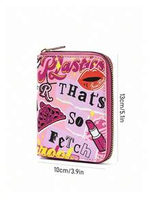 Mean Girls | SHEIN 1pc Piece Cute Cartoon Pattern Printed Zipper Pu Leather Short Wallet, Organ Compartment, Card Storage, Suitable For Students, Ladies, That's So Fetch, Queen Bee - Pink - View 8
