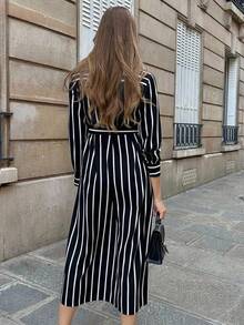 Pariaura 女士休闲通勤条纹前扣长袖连衣裙，秋季 - 黑色 - 查看 3