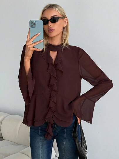 MainGRL Women's Brown Ruffle Trim Long Sleeve Blouse, Autumn