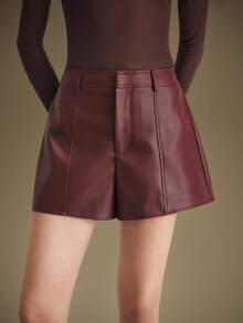 Ontre Burgundy Summer Elegant Dining Women's PU Leather Shorts,Elastic Waist Casual Wine Red Shorts With Pockets,Minimalist Office Business Commute Wear - Burgundy - View 4