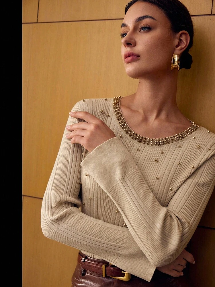 FAUX PEARL DETAIL SLIM FIT SWEATER