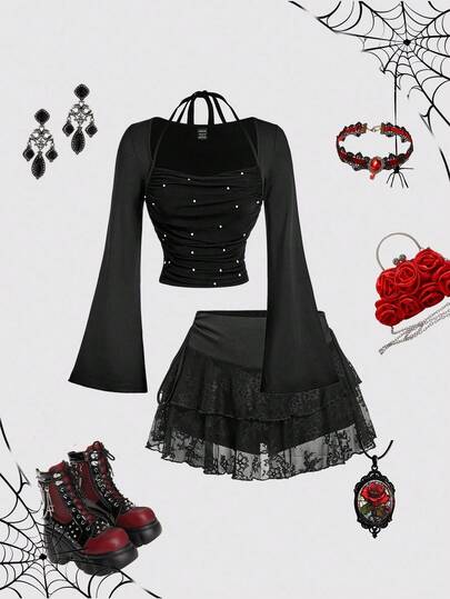 SHEIN MOD Vintage Elegant Black Beaded Ruched Halter Flared Sleeve Long Sleeve T-Shirt – Perfect For Parties, Dates, Proms, Birthday Celebrations, Festivals & Holidays,Halloween,Y2k
